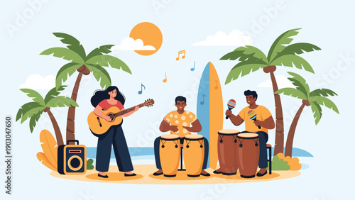 Joyful group of musicians playing a guitar and conga drums on a sunny tropical beach surrounded by palm trees and the ocean.