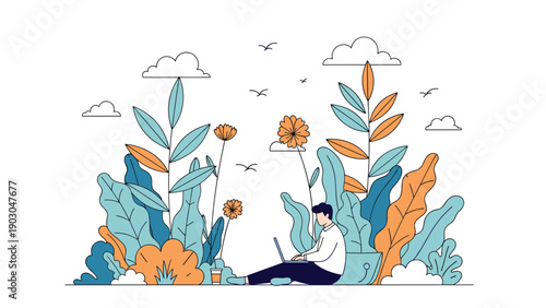 Peaceful man working on his laptop while sitting on the grass in a beautiful garden filled with large leaves and colorful flowers.