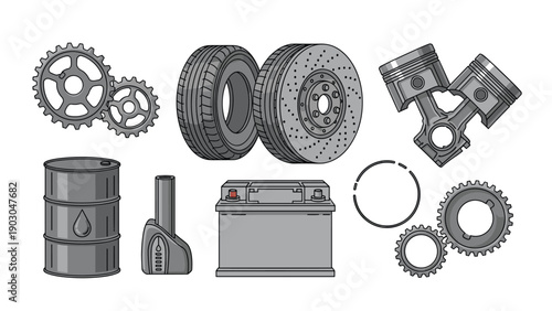 Detailed mechanical parts of a car including tires, brake disc, pistons, gears, an oil drum, and an automotive battery.