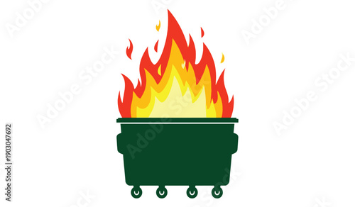A green dumpster on fire with flames coming out of it