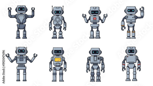 Eight unique grey robot characters with different designs and functions like waving, holding hands up, and scanning.