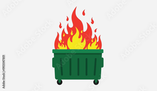 A green dumpster on fire with flames rising from the top