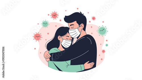 Loving couple wearing protective face masks while hugging as a way to stay safe during a global health crisis or pandemic.