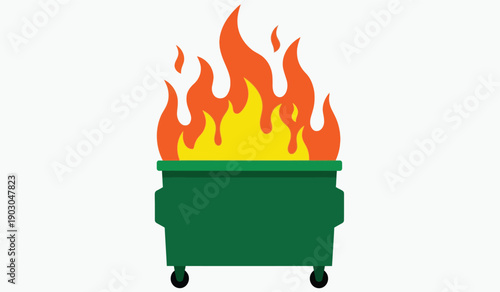 A green dumpster on fire with flames coming out of it on a plain background