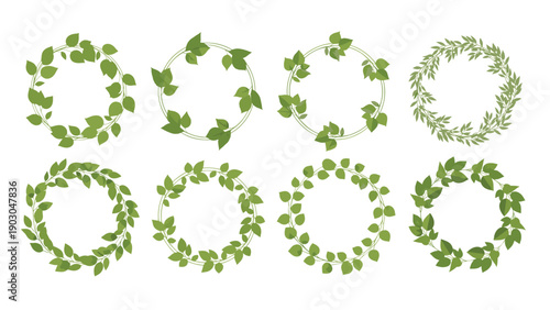 Collection of eight different circular green leafy wreaths perfect for weddings, natural logos, and floral decorations.