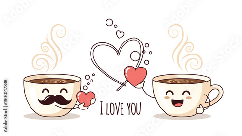 Two happy coffee cups with smiling faces and hearts sharing a romantic moment with the message i love you written below.