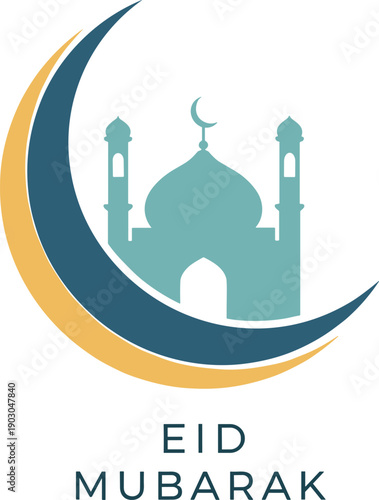 Eid Mubarak greeting illustration, mosque silhouette design, crescent moon and star symbol, Islamic festive celebration, cultural holiday art, flat vector illustration
