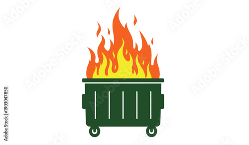 A green dumpster on fire with flames coming out of it