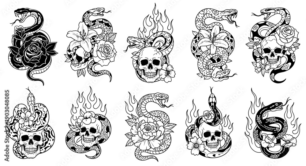 Obraz premium A collection of ten detailed black and white illustrations of howling wolves, each framed with geometric and natural elements like moons, stars, and branches, in a tattoo art style.