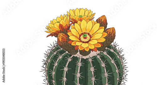 Vibrant desert bloom featuring a stout cactus adorned with multiple radiant yellow blossoms and unopened buds