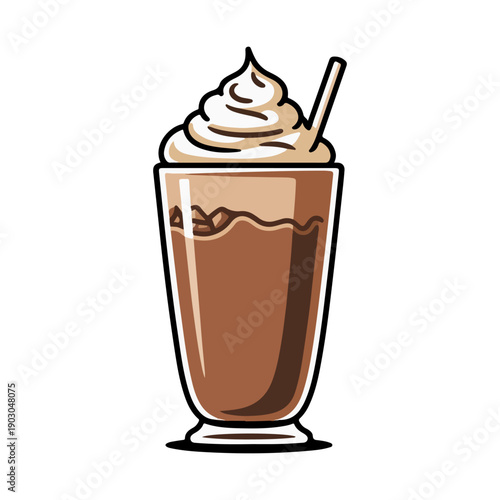 Mocha Frappe Vector Illustration of Iced Coffee with Whipped Cream and Straw