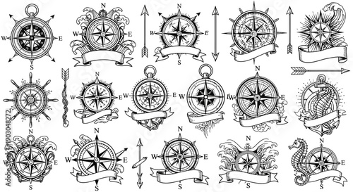Collection of vintage compass rose designs with nautical elements, ship wheels, banners, and arrows, in black and white vector illustrations.