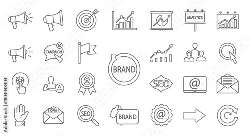 Set of business and marketing line icons representing various concepts and strategies.