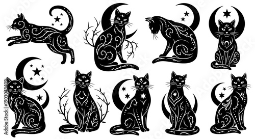 Decorative black cats with crescent moons and stars in various sitting poses.