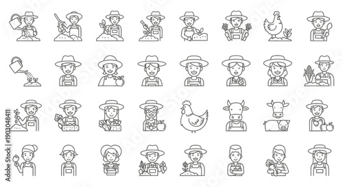 Set of various outlined farmer and agriculture related icons.
