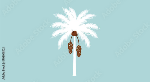 Minimalist Date Palm Tree Illustration with Ripening Fruit Bunches on a Serene Blue Canvas