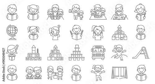 Set of various black and white business and office related line icons.