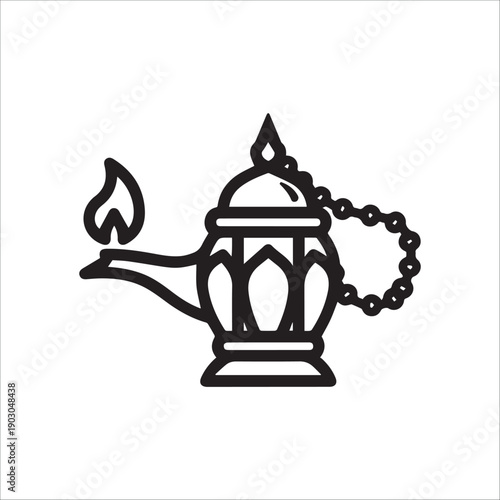 A black and white illustration of a traditional oil lamp with a chain and flame