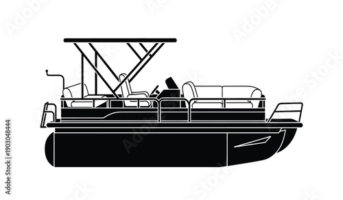 Black silhouette of a pontoon boat with canopy