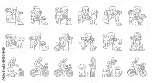 Set of hand-drawn line art illustrations showing various family and couple activities.