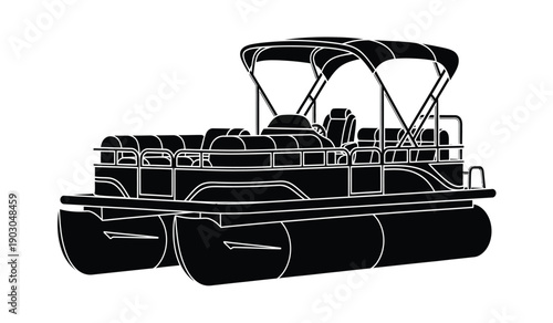 Black and white illustration of a pontoon boat with canopy