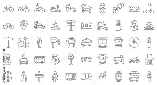 Set of various thin line icons representing outdoor activities and leisure equipment.