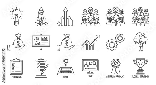 Set of black business and finance icons representing ideas, growth, teamwork, and success.