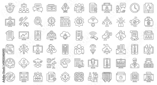 Set of various thin line style icons representing business and office concepts.