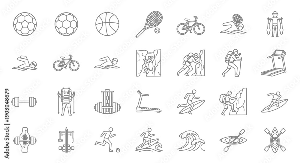 Obraz premium Collection of various black line sport and fitness icons on white background.