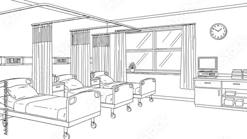 Illustration of a hospital room with three empty beds, a window, bedside equipment, and a clock on the wall. The scene is clean and orderly.