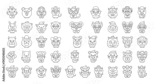 Set of thirty unique hand-drawn cartoon animal faces with various expressions.