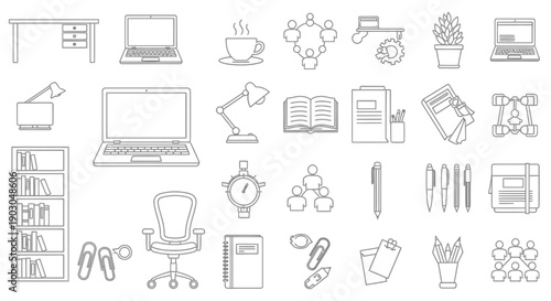 Set of office and work-related line icons representing various tools and equipment.