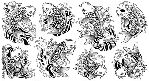 Set of detailed black and white koi fish illustrations in traditional style.
