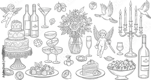 Vintage Sketch Illustration Set for Weddings and Romantic Celebrations Featuring Three-Tiered Cake, Wine Bottles, Champagne Tower, Rose Bouquet, Cherub Angels, and Candelabra