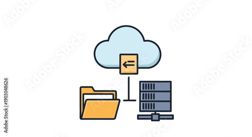 Cloud computing concept with file folder, cloud storage, and server rack icons.