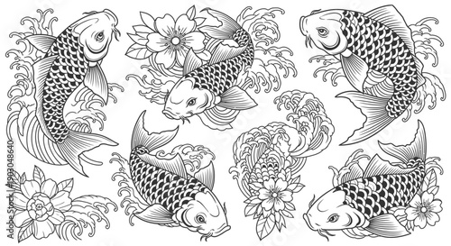 Intricate black and white koi fish with floral patterns in traditional style.