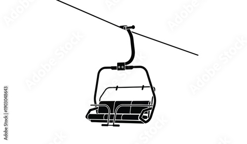A black and white illustration of a ski lift chair on a cable