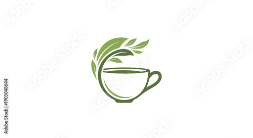 Elegant Green Tea Cup with Leaf Design Logo.