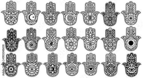 Collection of detailed black and white Hamsa hand symbols with intricate patterns.