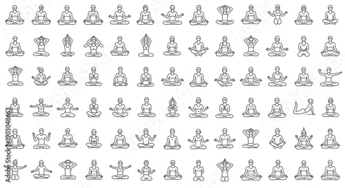 Set of various yoga poses and meditation silhouettes in black and white.