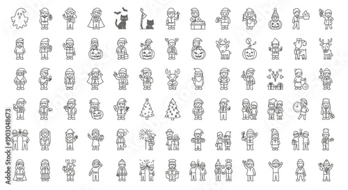 Set of 100 black and white outline cartoon characters with various expressions and actions.