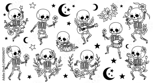 Collection of playful skeletons dancing and playing musical instruments with moons and flowers.