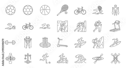 Collection of various black line sport and fitness icons on white background.