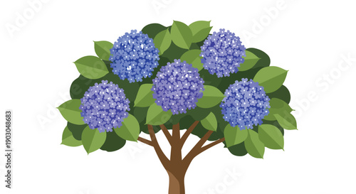 A stylized blue hydrangea bush illustration with abundant spherical flower clusters and vibrant green leaves, depicting flourishing nature's beauty