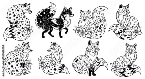 Set of decorative fox illustrations with floral and ornamental patterns.