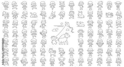 Set of various black and white cartoon character expressions and poses with a central character holding a map.