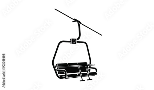 A black and white illustration of a ski lift chair on a cable