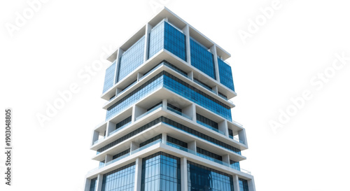 Modern blue glass skyscraper isolated PNG, contemporary architecture with clean lines and geometric design for urban development projects