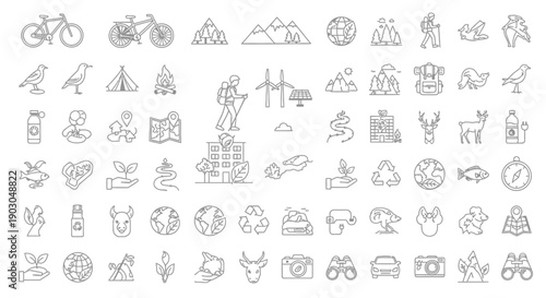 Set of various hand-drawn environmental and sustainability icons in black and white.