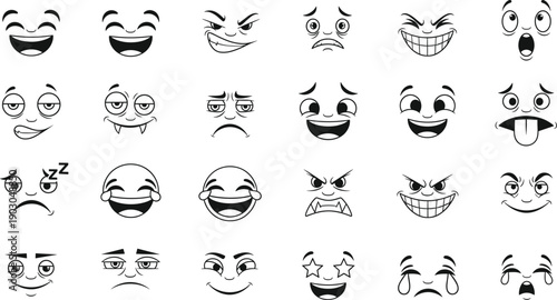Black and White Line Art Illustration Set of Cartoon Character Faces and Emoticons Featuring Various Emotions Including Happy Sad Angry Surprised Sleepy and Laughing